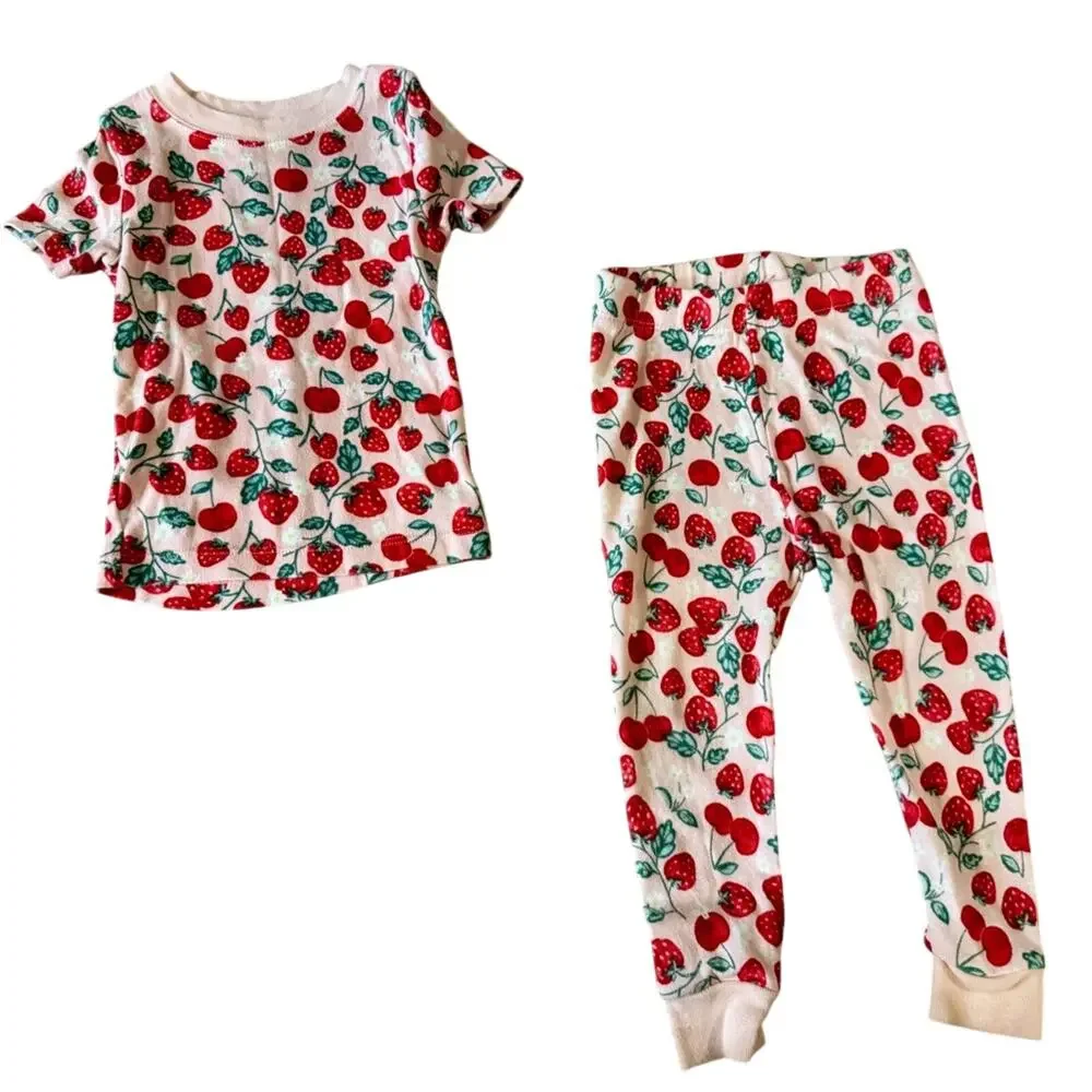 Adorable Fun Strawberry & Cherry Print 2 Piece Pajama Set Size 18M